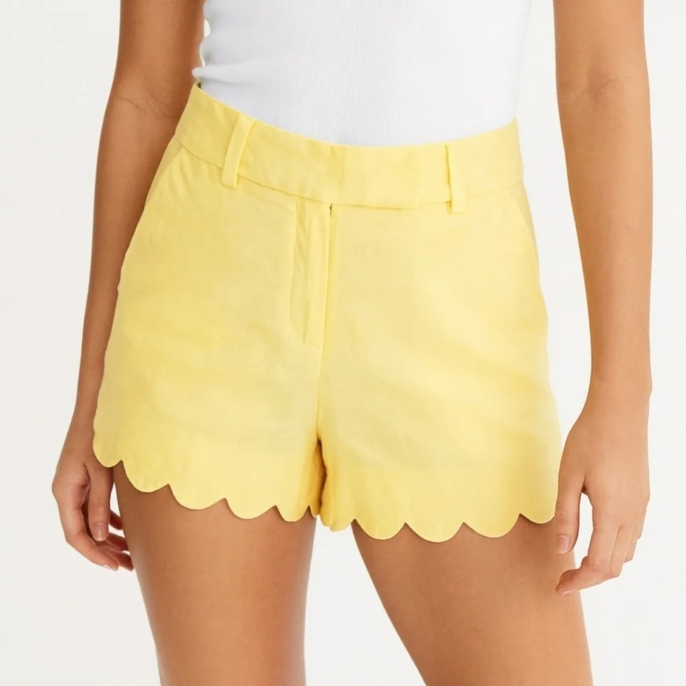 J. Crew Linen Yellow Scalloped Hem Shorts - Picture 1 of 8
